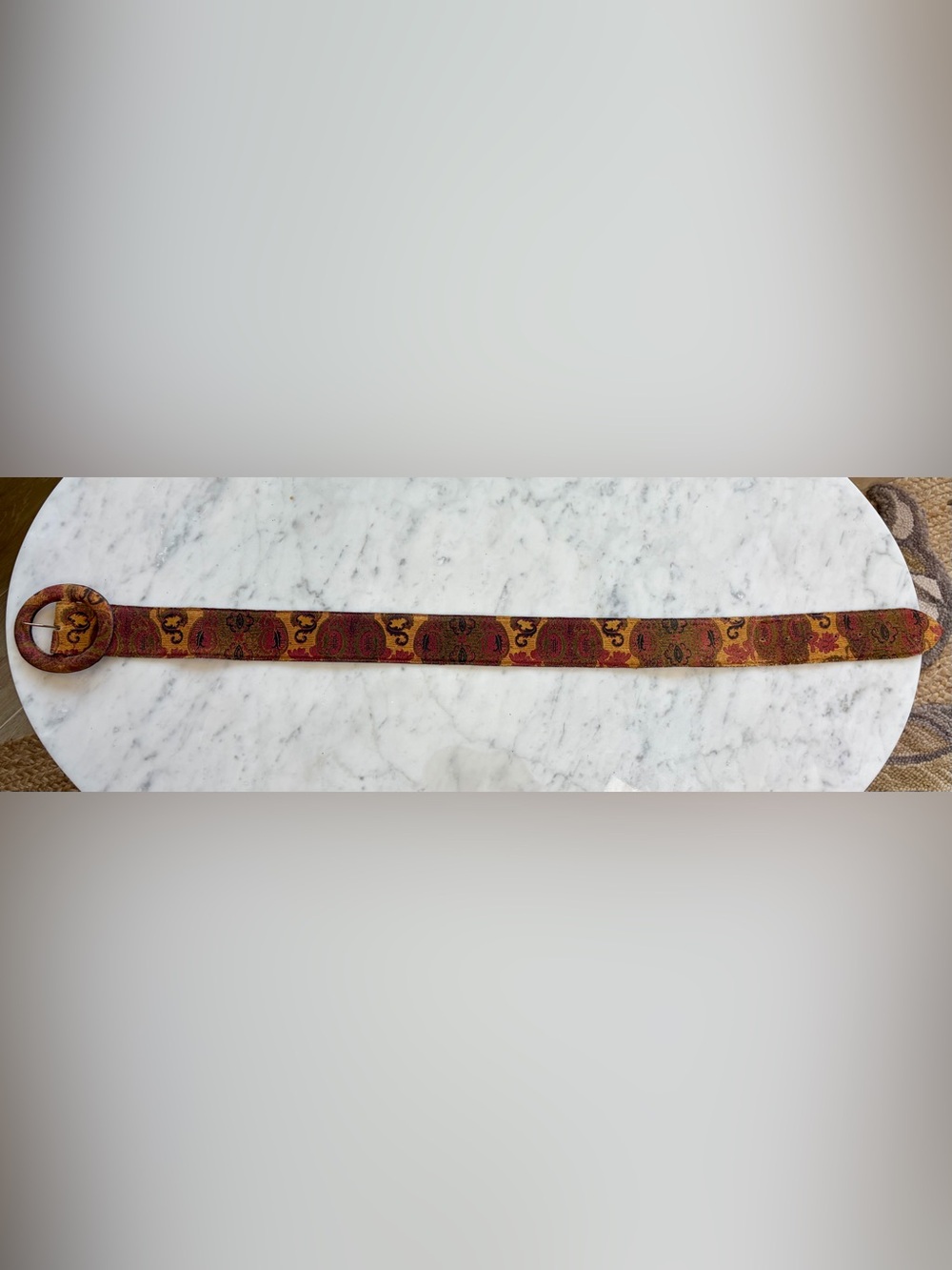 Jenny& The Boys Leather & Tapestry Paisley 2” W Belt, Oval Buckle, brown/grn, M - Picture 5 of 8